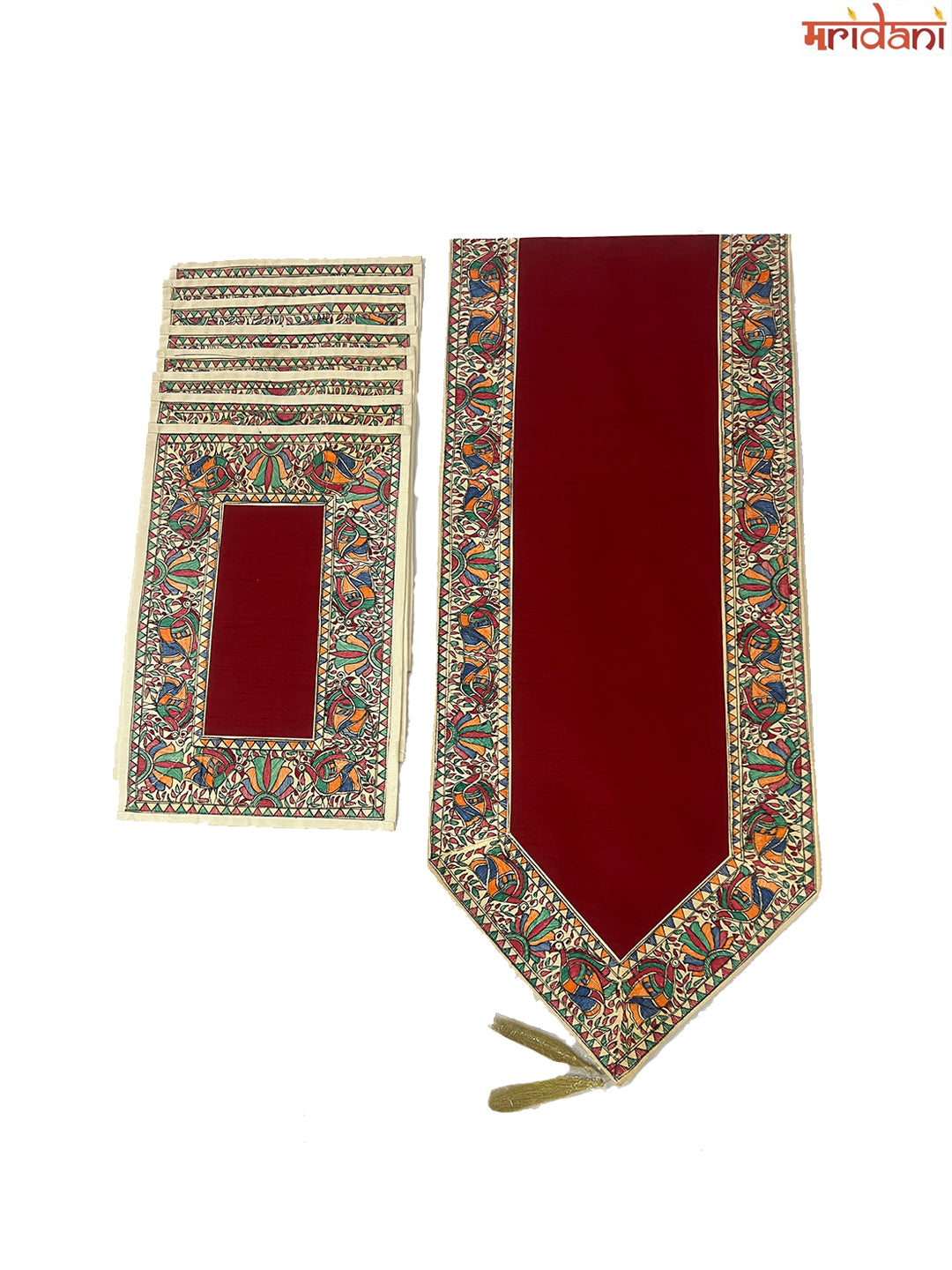 Hand-Painted Madhubani Table Mat Set – Peacock and Lotus Border